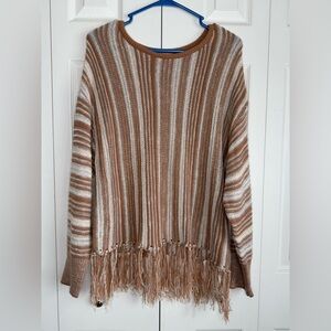 BKE Slouchy Striped Sweater Fringe Open Weave Lightweight Crewneck Pullover Sz M
